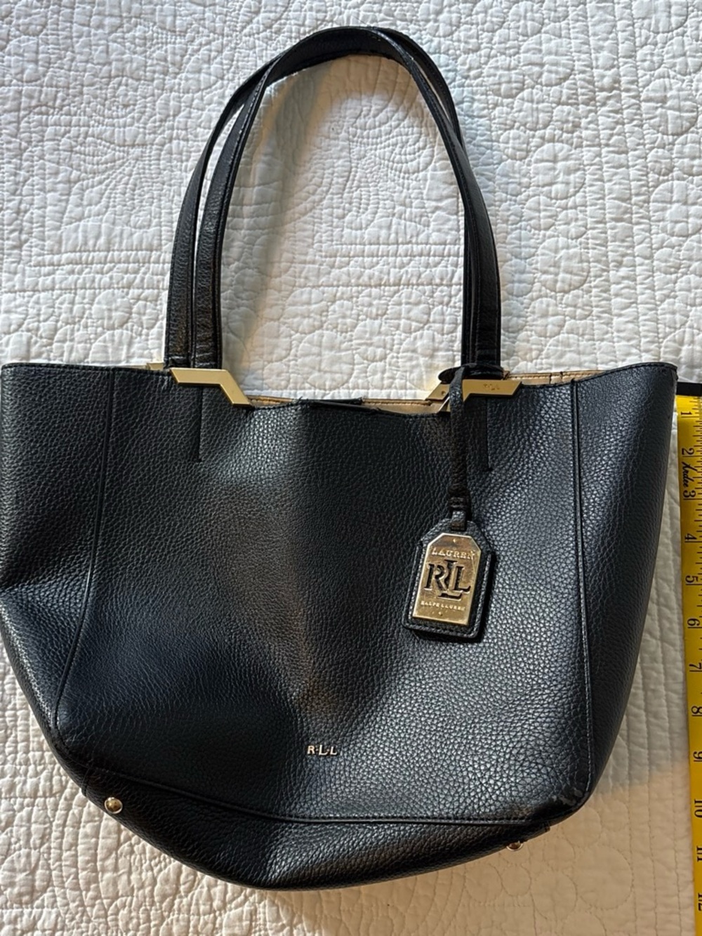 Ralph Lauren Black Pebbled Leather Tote with Gold Accents